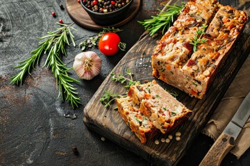 Wall Mural - Rustic meat pate on table with copy space top view