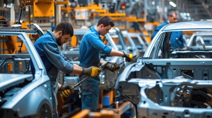 A man is seen works on a motor vehicle in a factory, focusing on the automotive tire, engine hood, and other auto parts. AIG41