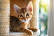 Short haired kitten Abyssinian breed sits by tower