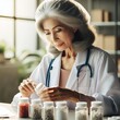 Female scientist conducts research with pills at laboratory table