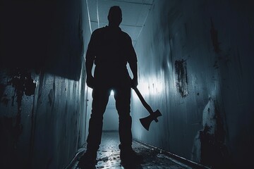 Silhouette of man holding axe in dark hallway scary scene