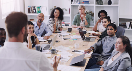 Aufkleber - Collaboration, meeting and presentation with business people talking in office boardroom together. Company, project management or workshop with man and woman employee team in workplace for strategy