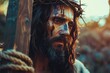 Jesus holding the cross with a clear, calm background