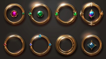 Poster - An empty circle gold frame in medieval style for game user interface design. A modern cartoon set of user interface elements with gold metal thin borders, decorated with gems on a white background.