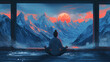  Peaceful Meditation in a Room with a Panoramic View of a Sunset Mountain Range