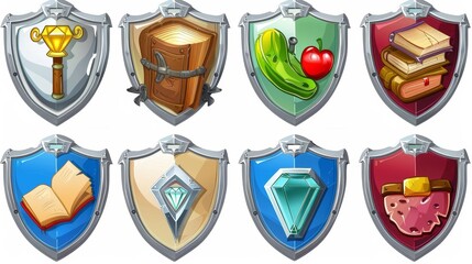 Wall Mural - The shield emblems of the video game in silver frames are surrounded by a wood board, an ingot of gold, a book, a beef chewing gum, a meat skewer, and an apple. Modern cartoon set isolated on a white