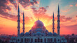 illustration of a majestic mosque set against a backdrop of a vibrant sunset sky