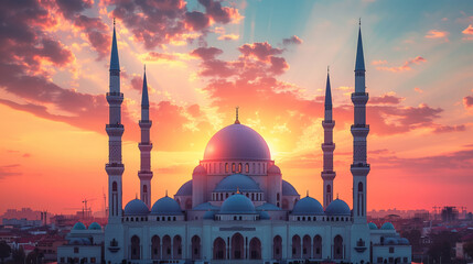 illustration of a majestic mosque set against a backdrop of a vibrant sunset sky