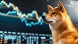 A dog of the Akita Inu breed sits on the background of a graph trading chart. Concept of digital finance sphere and crypto culture cryptocurrency 
