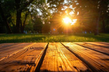 sunset in park with wooden table