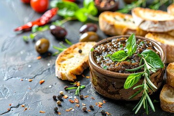 Canvas Print - Tapenade tasty French olive spread with ingredients and crostini