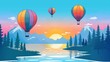 Flowing hot air balloons above a river and a mountain range. Modern illustration of a natural landscape of rocky hills and pine forest, aerostat above water surface, and sunset sky.