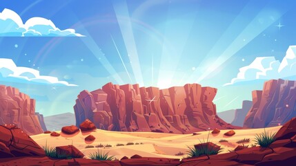 Wall Mural - Cartoon modern landscape background. Canyon boulder formation panorama. American wilderness scene with sun rays on rocky cliffs in Utah.