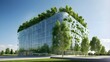 environmentally friendly, sustainable construction. Eco-friendly building. An environmentally friendly glass office building with a tree to offset carbon emissions. Green surroundings at the office. C