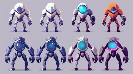 Wall Mural - This cartoon series shows robot evolution levels. Modern illustration of futuristic artificial intelligence characters with wheels, legs, and arms. Screen face evolution. The development of modern