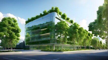 green buildings in the contemporary metropolis. An environmentally friendly glass office building with a tree to offset carbon emissions. office building surrounded by greenery. Corporate architecture