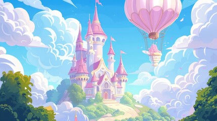 Canvas Print - Floating rock island path to jump in sky to mansion game wallpaper featuring a princess on hot air balloon flying to magic castle.