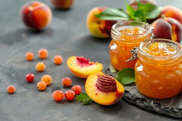 Sticker - Two jars with peach jam and fresh fruits on a stone background