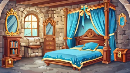 Wall Mural - Modern illustration of medieval castle room with wooden bed decorated with blue canopy and bows, bookcase, mirror, and treasure chest.