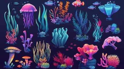 Sticker - Animals and plants found underwater for seabed design. Cartoon modern set featuring seaweeds, corals, fish, and jellyfish. Ocean aquatic tropical world with vibrant animals.