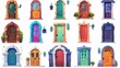 The front door will be a cartoon house entrance with brick jambs, a window, and a handle. A modern illustration set of a closed wooden colorful doorway with a handle, mailbox, and decorative glass