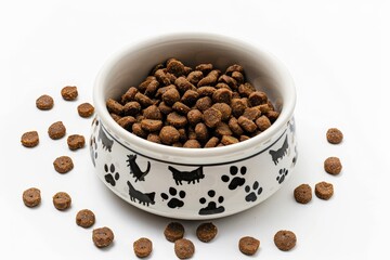 Poster - White background with cat food in a bowl