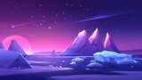 Cartoon modern arctic panoramic scenery with iceberg and northern lights. Drifting ice and snow blocks. Glaciers floating in sea. Pink aurora borealis in sky.
