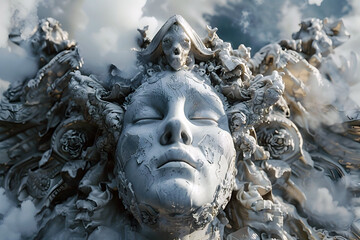 Canvas Print - Celestial Guardian Faces Surreal Temptations within Monumental Sculptural Landscape