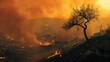 A tree devoured by flames. Forest fire affecting the city with roads and risk for cars with people inside Murderous fire.