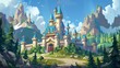 In the background, a medieval royal castle surrounded by woodlands and rocky mountains. Cartoon modern landscape with the towers and gates of a fairytale palace. Path to a dream kingdom home.