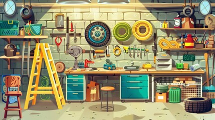 Wall Mural - The cartoon garage interior furniture and working tools illustrates storeroom elements, car repair equipment, tools on the wall, and car tires.