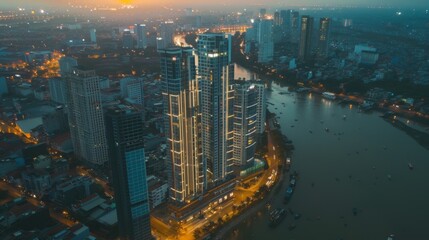 Wall Mural - Aerial view of a beautiful skyscraper along the river light smooth down urban development near Ho Chi Minh City Vietnam