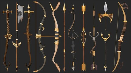 Wall Mural - This set of ancient bows is isolated on a black background and illustrates magic weapons with wooden, golden, or iron spike handles, prehistoric or medieval crossbows, hunting tools, and game props.