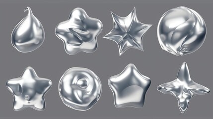 An attractive set of 3D realistic modern illustrations using silver inflatable liquid metal abstract shapes. Graphic design elements made from shiny steel or mercury with reflections.