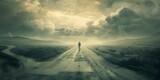 Fototapeta  - Man Standing on Dirt Road Under Cloudy Sky. Generative AI