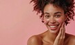 Attractive woman face with curly hair and freckles smiling against copy space for text background. skincare concept. banner.