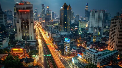 Aufkleber - Cityscape downtown at night, traffic Bangkok, Thailand. and technique long exposure and HDR filter.