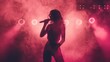 © nilanka - Silhouette of a female singer performing on the Stage, holding the microphone, smoke, and illuminated backlit stage lights.