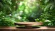 Sylvan Showcase: Wooden Podium Display in Blurred Tropical Garden for Natural Products