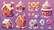 This is a modern illustration of a gingerbread houses set isolated on a white background. Featuring cookie houses with icing on the roof, ice cream decoration, and fantasy dessert houses with icing