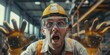 An industrial worker wearing safety gear shows a shocked expression with dirty hands at a factory background