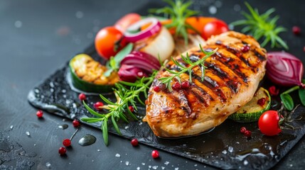 Wall Mural - grilled chicken breast with vegetables on dark background