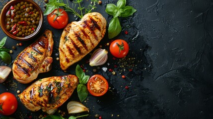 Wall Mural - grilled chicken breast with vegetables on dark background