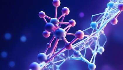 A close-up of a stylized molecular structure with spherical nodes connected by rods, rendered in shades of (purple and blue, set against a fractal background with bokeh light effects