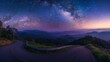 landscape view point asphalt curved road on Doi Inthanon National park mountains at dawn with milky way background