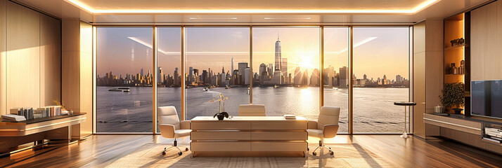 Canvas Print - Twilight Cityscape of Manhattan, Illuminated Skyscrapers and Water Reflection, New York City