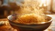 noodles in bowl with steam and smoke on woods and morning light