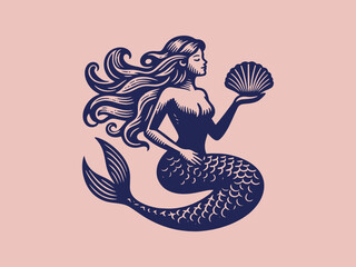 Wall Mural - Beautiful mermaid holding a shell in her hands. Vintage retro engraving illustration. Black icon, isolated element	