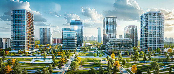 Wall Mural - Urban Park Amidst Skyscrapers, Green Landscape and Blue Sky, Summer Day in a Busy Metropolitan District