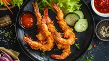 Shrimp Tempura In Black Plate With Vegetables And Dipping Sauce